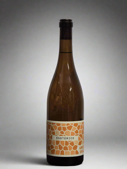 Wine bottle with a label on a gray background