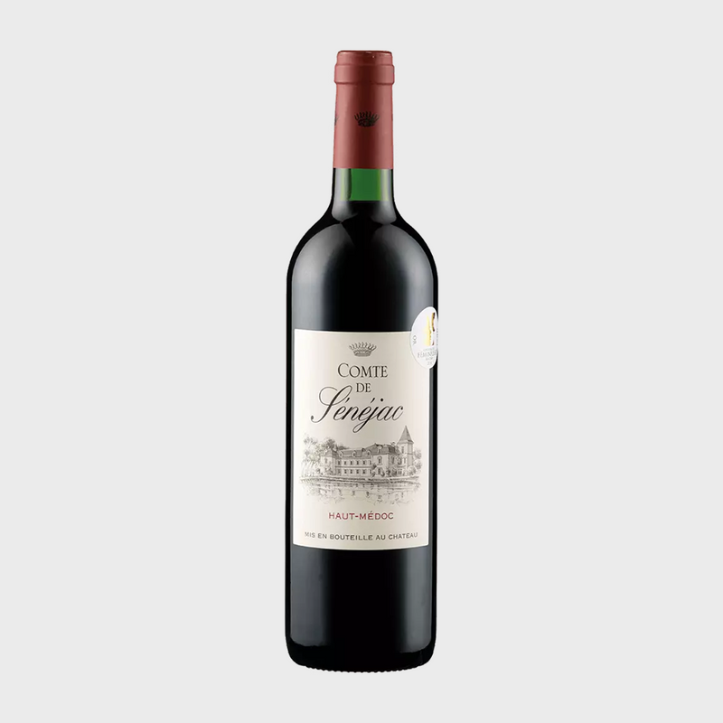 Red wine bottle with a visible label on a white background