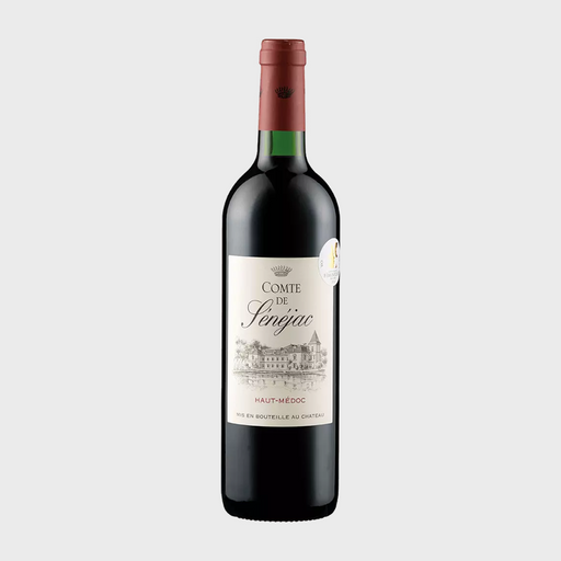 Red wine bottle with a visible label on a white background