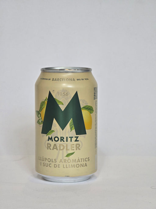 Can of Moritz Radler with lemon graphics on a white background