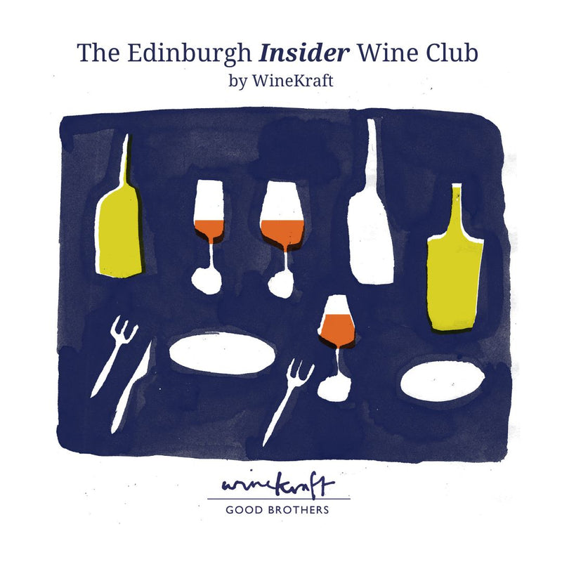 Promotional material for The Edinburgh Insider Wine Club by WineKraft, featuring stylized representations of wine bottles, glasses, and corks on a dark background with the club's name and the phrase 'Buy better wine for less'.