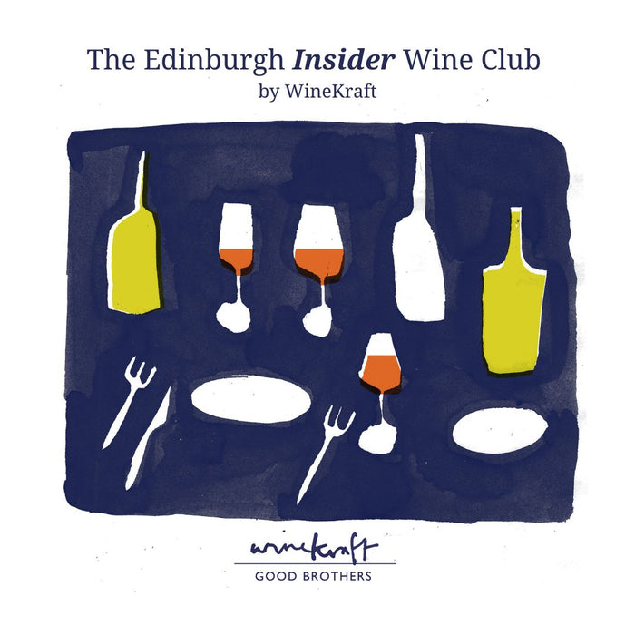 Promotional material for The Edinburgh Insider Wine Club by WineKraft, featuring stylized representations of wine bottles, glasses, and corks on a dark background with the club's name and the phrase 'Buy better wine for less'.